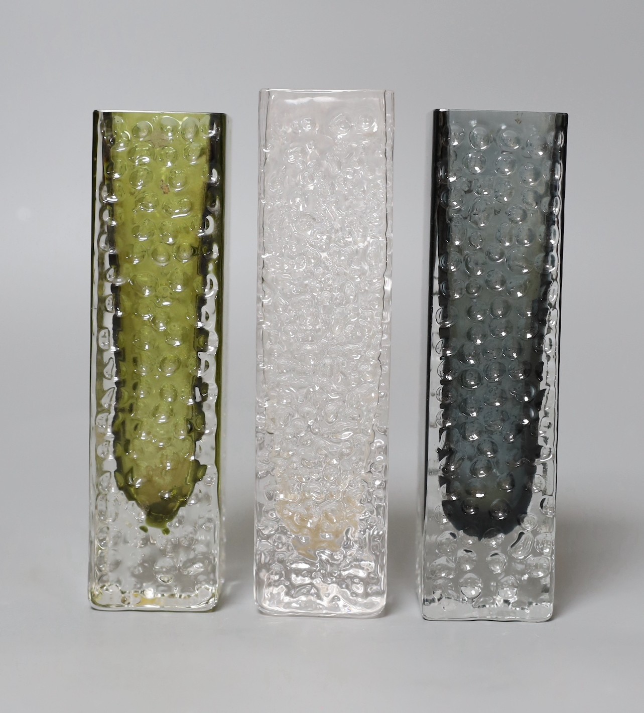 A trio of Whitefriars 'Nailhead' vases, model 9683, designed by Geoffrey Baxter, each 17cm high